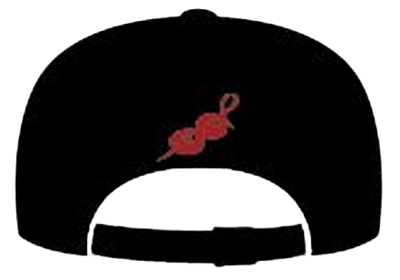 Black cap with a red and white design on a white background