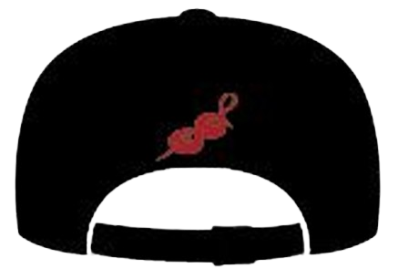 Black cap with a red and white design on a white background